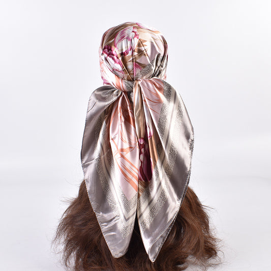 Summer new fashion versatile tulip bouquet print 90-color square scarf silk scarf headscarf