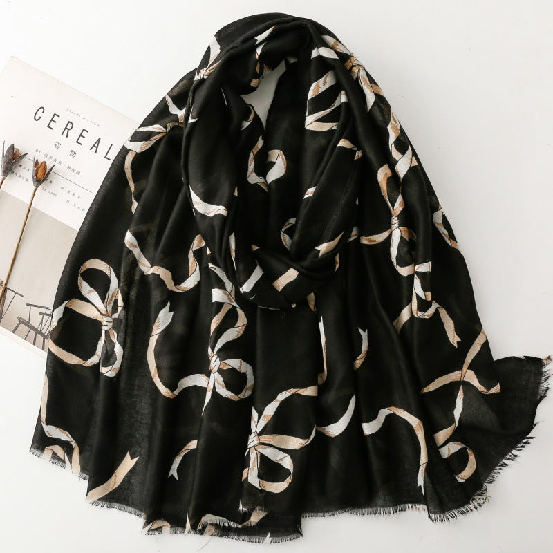Spring and summer cotton and linen feel scarf rabbit ear tie bow chain burr silk scarf warm shawl