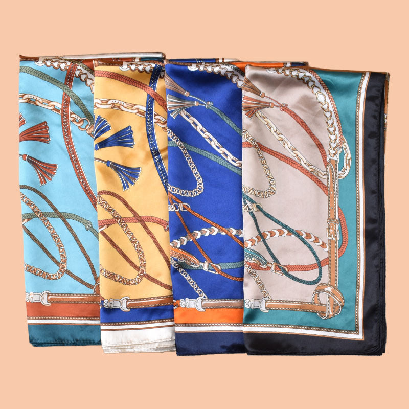 2025 new 90cm-color diced belt chain fringed printed square scarf with sunscreen, bag head silk scarf decoration, scarf