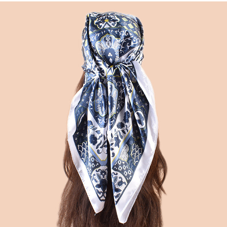 Spring new fashion big shawl simulation silk plant flower printing silk scarf head scarf 90 color square scarf
