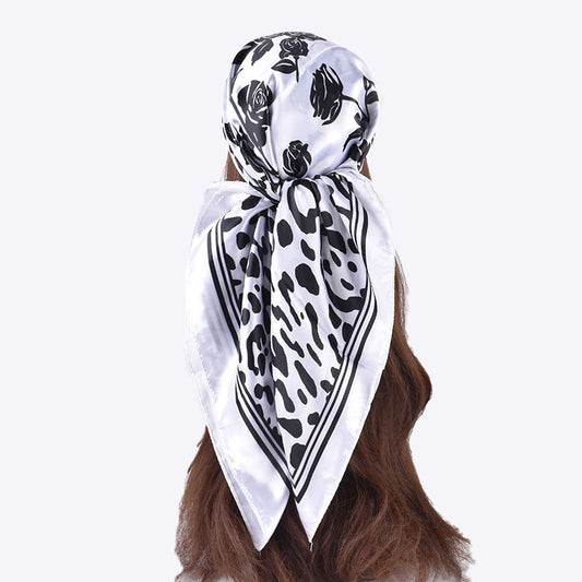 Autumn and winter new scarf black and white simple printing light luxury silk scarf 90cm satin high-end square scarf