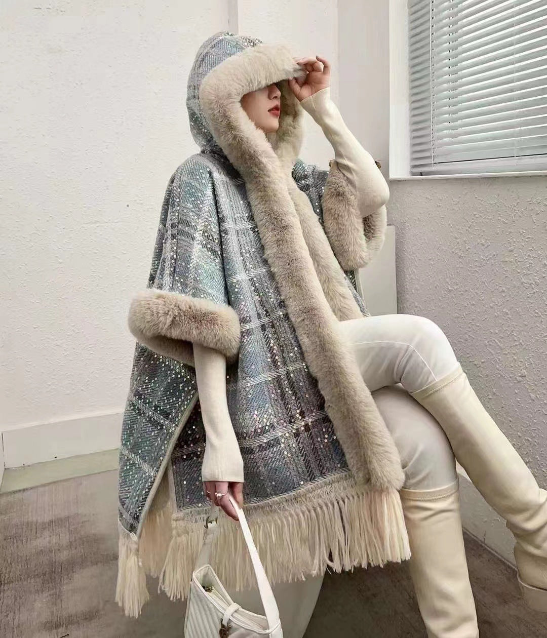 Autumn and winter new cape shawl loose fleece thickened fur collar hooded fringed cardigan shawl cape jacket 1186