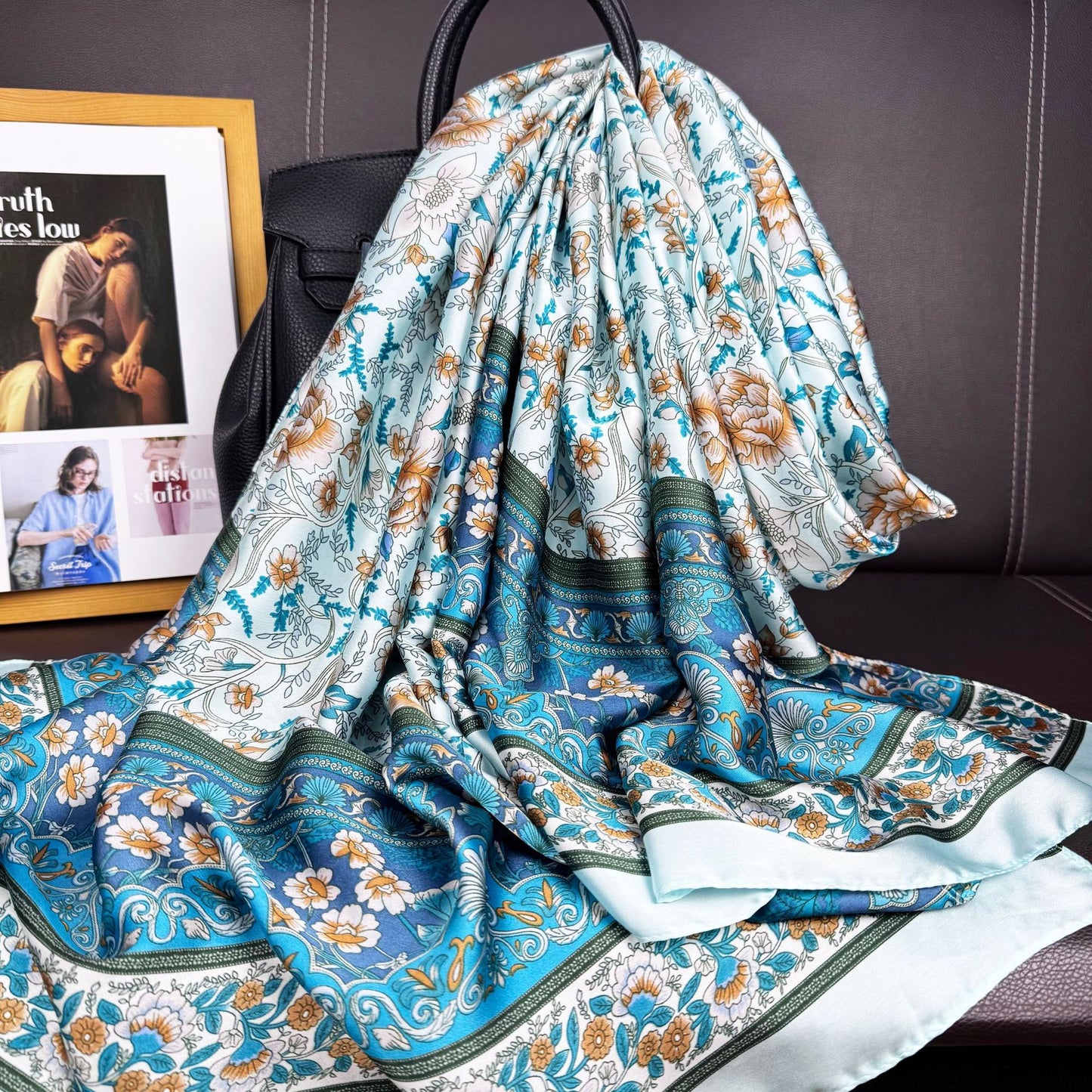 Simple and elegant plant flower brocade long silk scarf, literary small fresh imitation silk lady's outer shawl