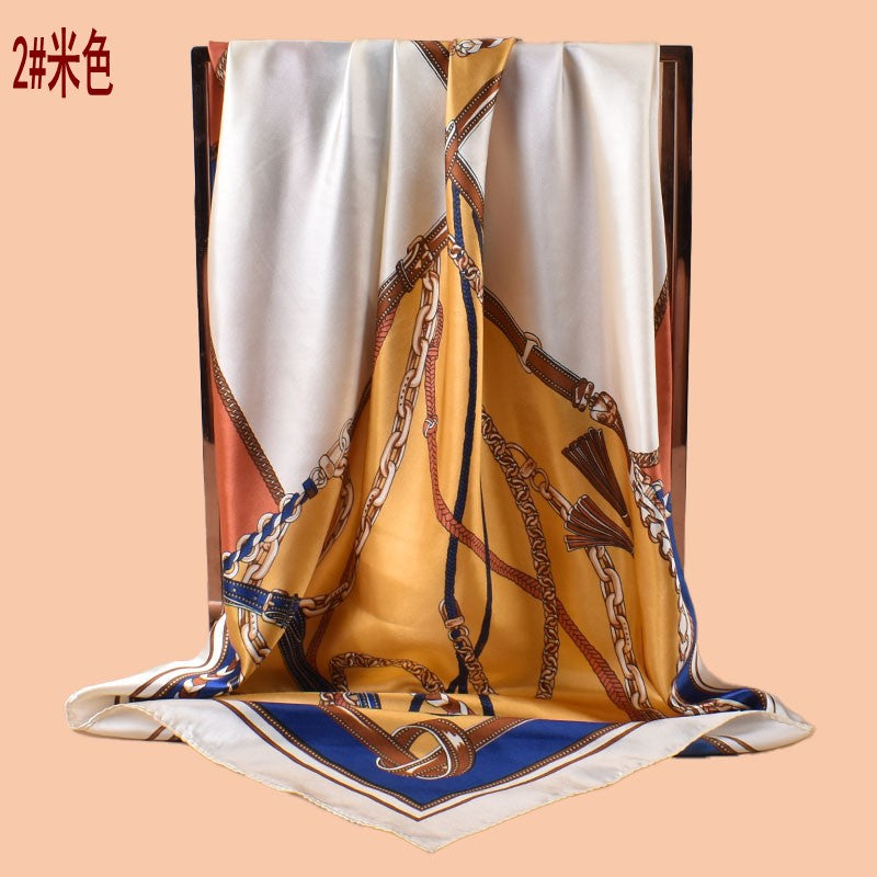 2025 new 90cm-color diced belt chain fringed printed square scarf with sunscreen, bag head silk scarf decoration, scarf