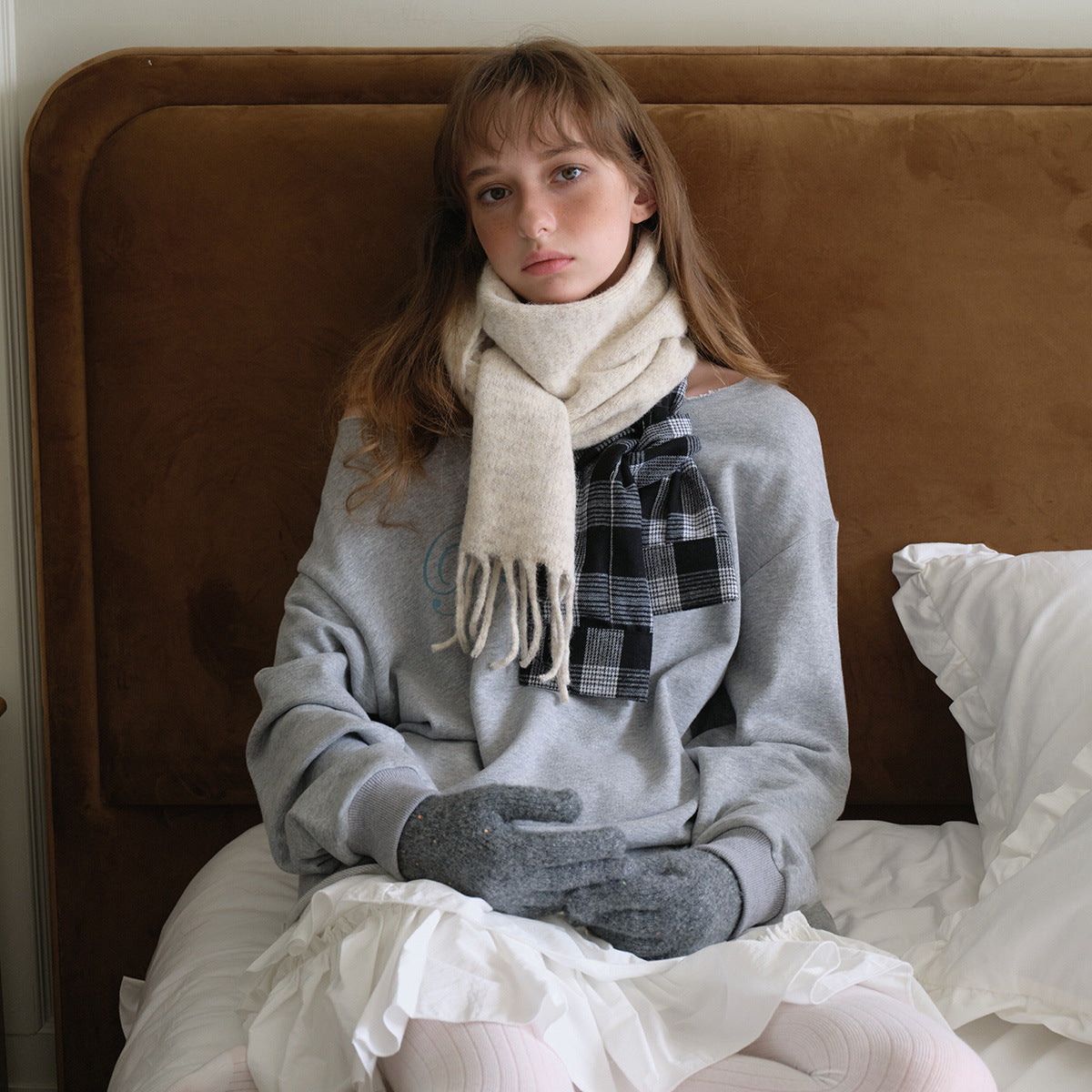 Plaid shirt sleeves splicing deconstruction fun wool blend fringed scarf women's winter wool scarf