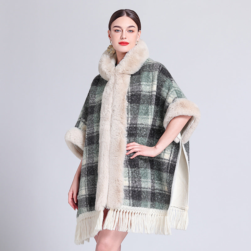 Europe, America, autumn and winter new woolen coat fur collar hooded plush thickened warm fashion fringed cape shawl outside