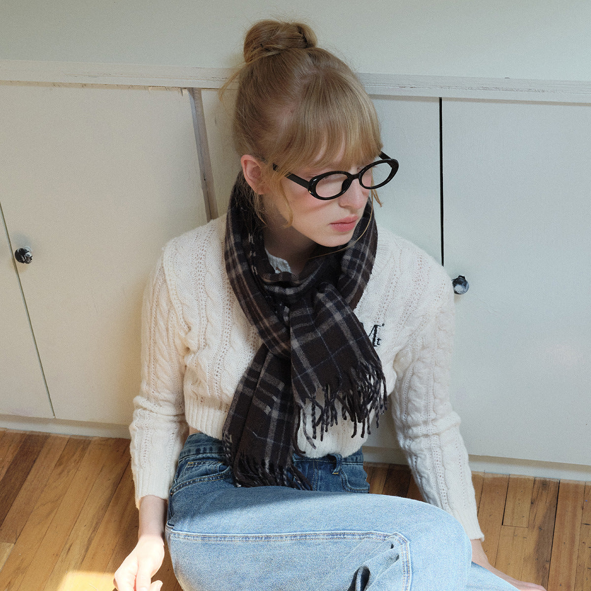 Swedish designer neutral wool blended brown plaid scarf women's autumn and winter warm plaid fringed scarf