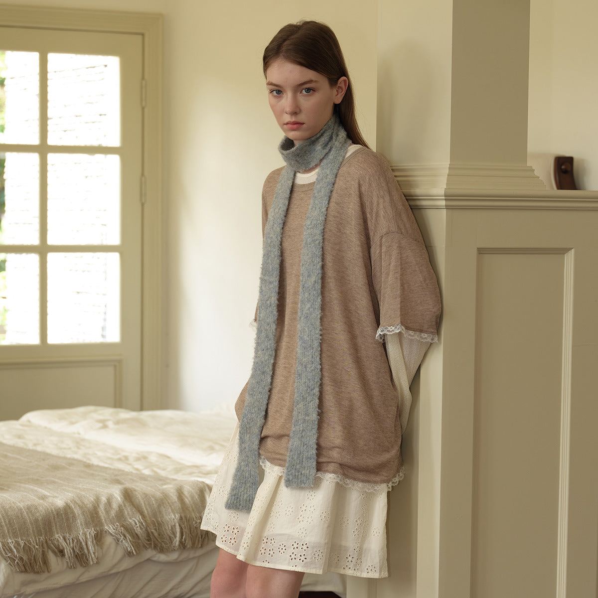 Personalized clip flower circle, wool blended thin and narrow long scarf, men's and women's autumn and winter spice girls shape with small scarf