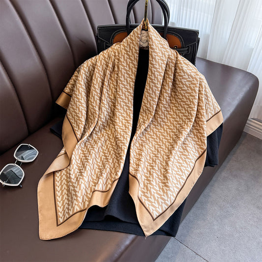 Simple and atmospheric design sense V letter arrangement printed square scarf Japanese and Korean retro high-end sense 90 twill silk scarf thin
