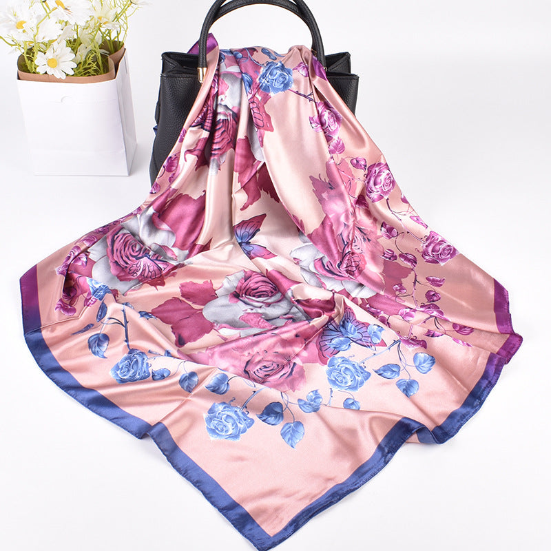 New fashionable versatile crystal rose pattern printing high-quality 90 * 90 satin square towel