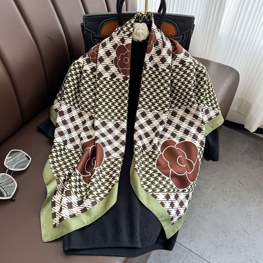 New Korean version plaid printing light luxury large square scarf spring and summer sunscreen silk scarf air conditioner warm shawl women