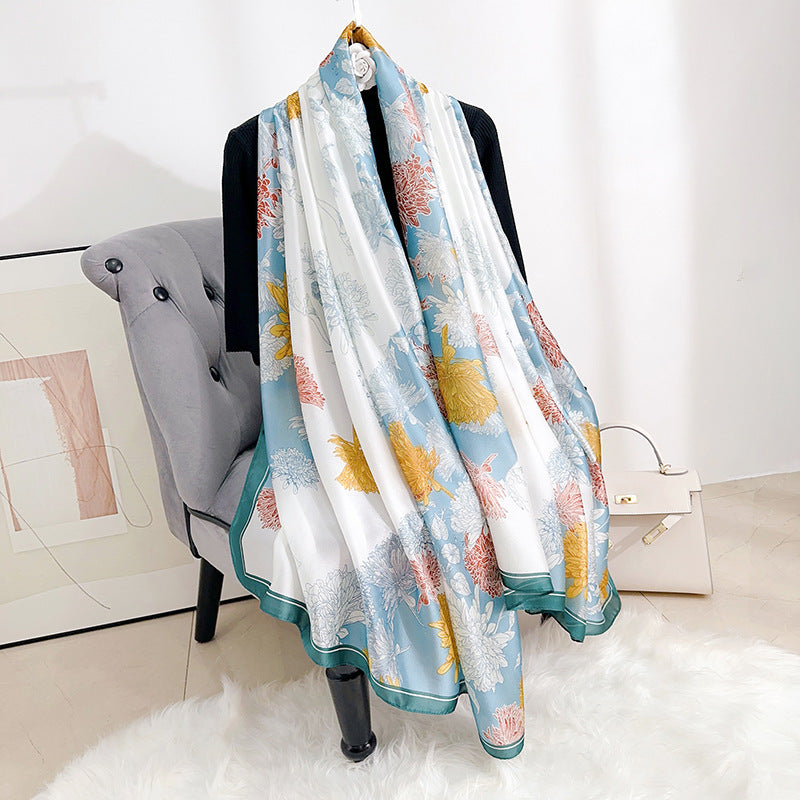 Stylish and elegant plant flower flower print long silk scarf, sweet and fresh literary girl with shawl