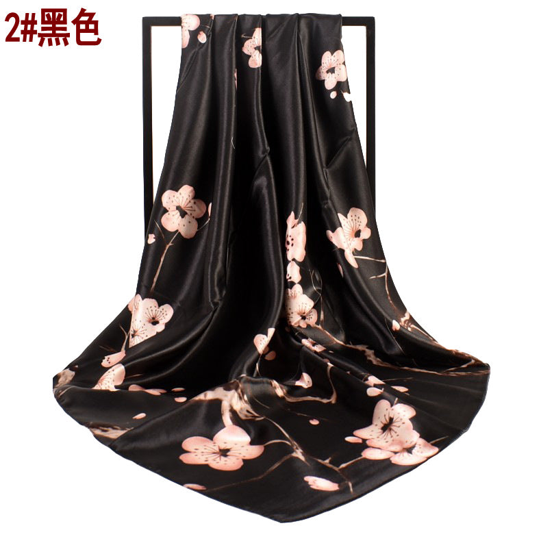 New sweet and fashionable plum blossom flower satin 90cm large square scarf women's silk scarf scarf
