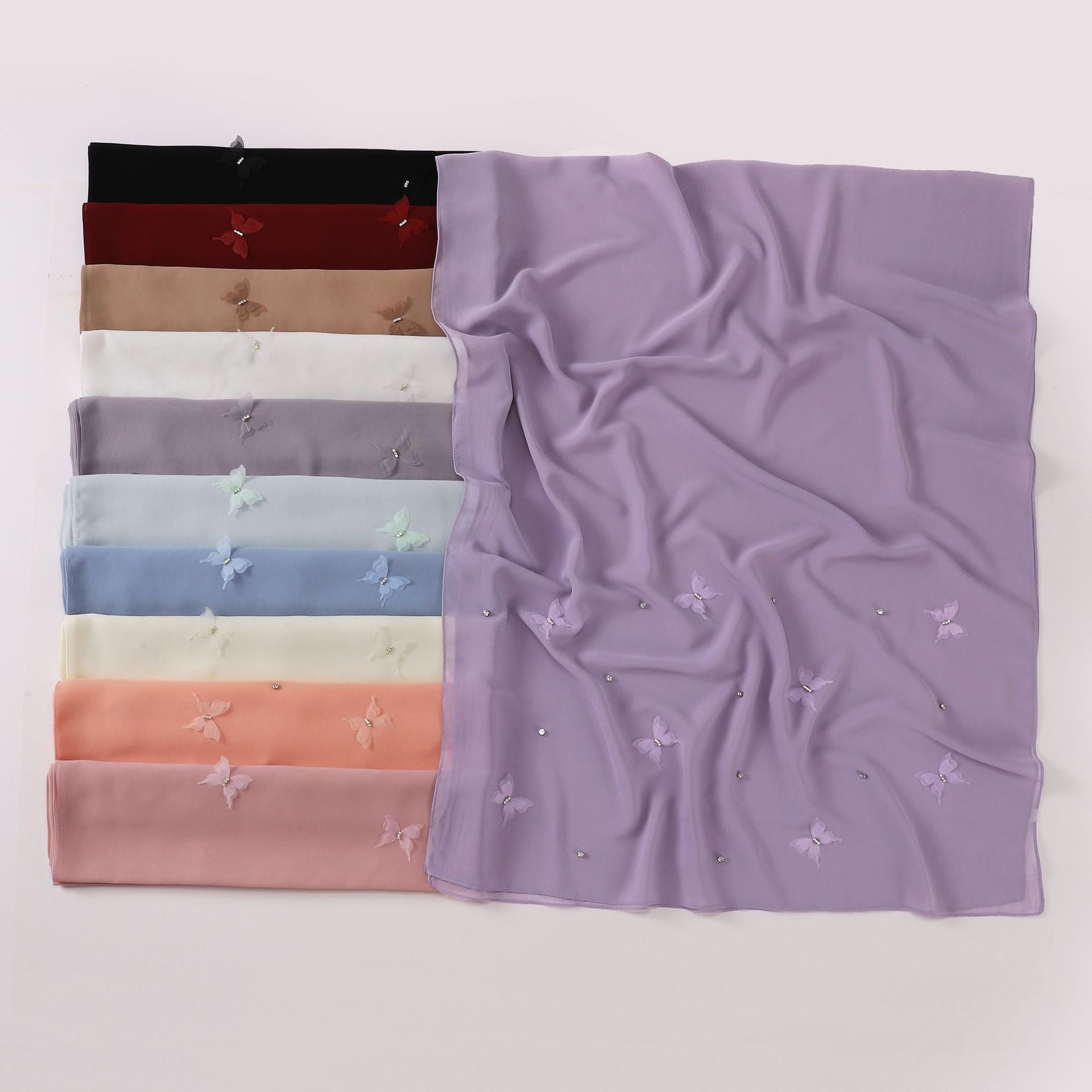 Pearl chiffon point drill butterfly nail drill long towel beautiful yarn Middle East Saudi Africa headscarf