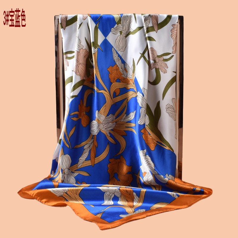 2025 new 90-satin plain and elegant orchid versatile printed square scarf with sunscreen, bag head silk scarf decoration, scarf
