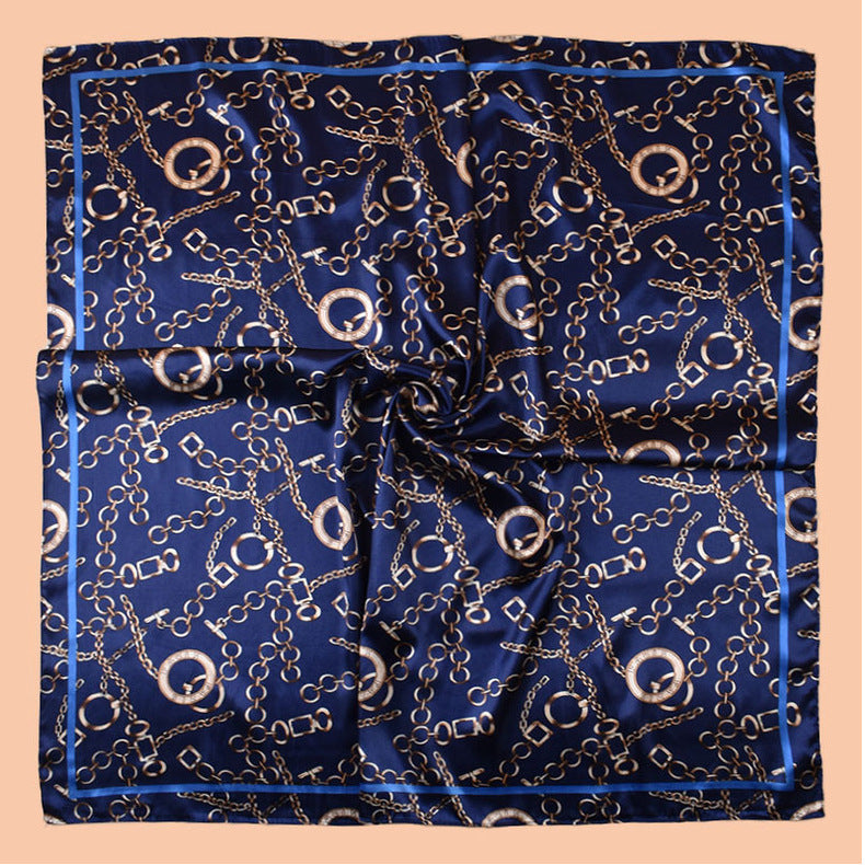 New 90-satin retro round chain printed square scarf with sunscreen bag head silk scarf decorative scarf