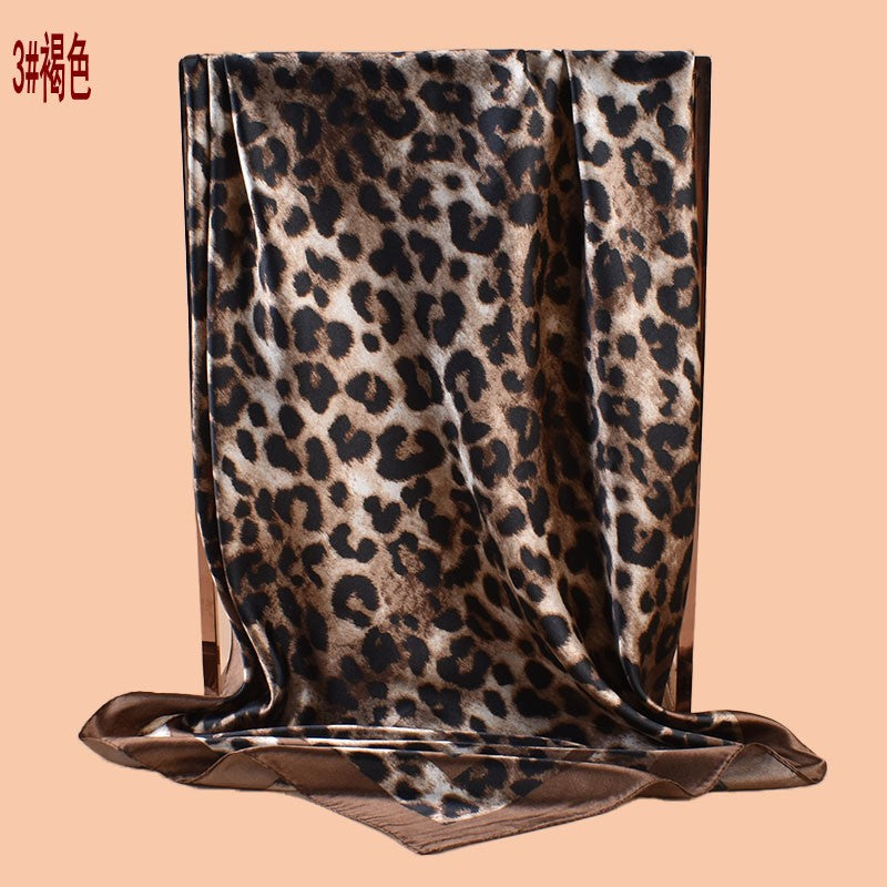2025 new 90cm-satin classic leopard print square scarf with sunscreen bag head silk scarf decorative scarf