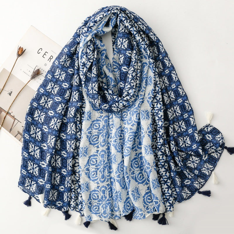 Spring and summer cotton and linen feel scarf celebrity style geometric style fringed silk scarf warm shawl