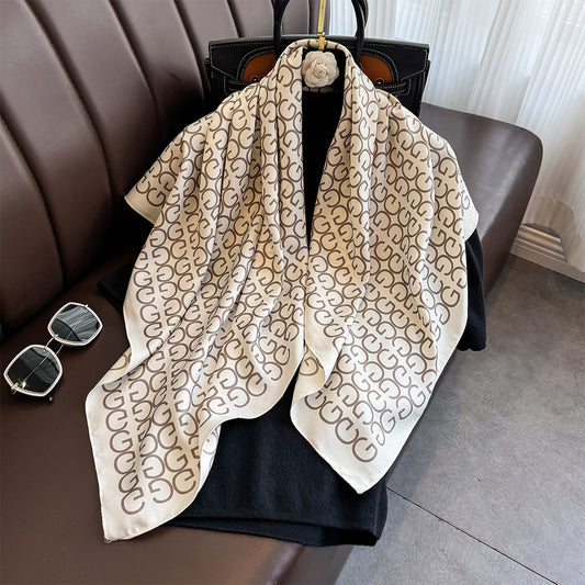 French light luxury letter simple silk scarf 90cm twill scarf new versatile square scarf sunscreen shawl headscarf summer