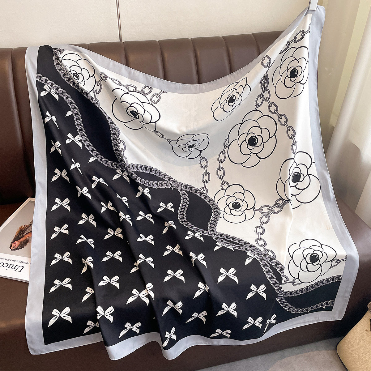 Spring and autumn new oblique silk pattern large square scarf bow flower print square scarf female imitation silk fashion versatile shawl