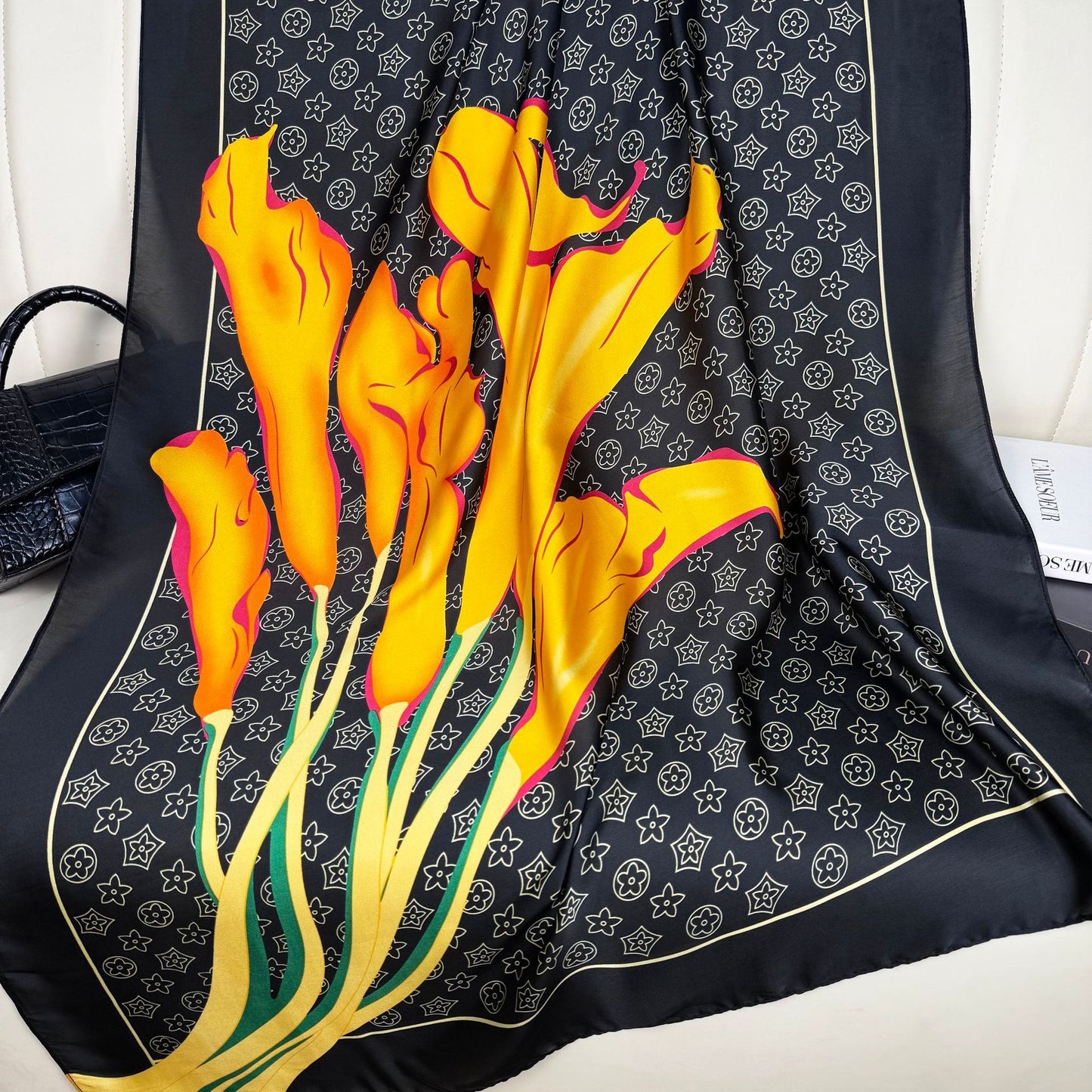 Foreign style fashionable long silk scarf women's scarf, spring, summer and autumn flower print travel vacation sun protection versatile shawl