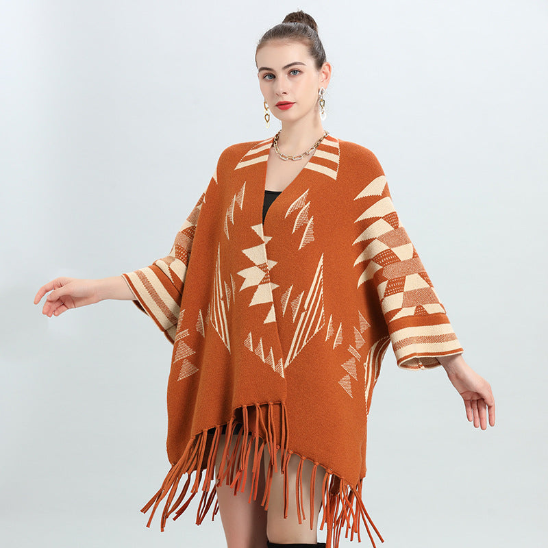 Autumn and winter new large size loose medium and long jacquard knitted cardigan fringed shawl jacket women 0916