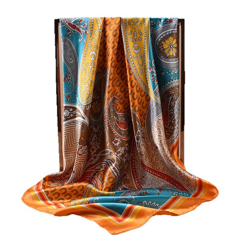 2025 New 90cm-color Diced Cashew Nut English Letter Printing Square Scarf with Sunscreen, Head Silk Scarf Decoration, Scarf