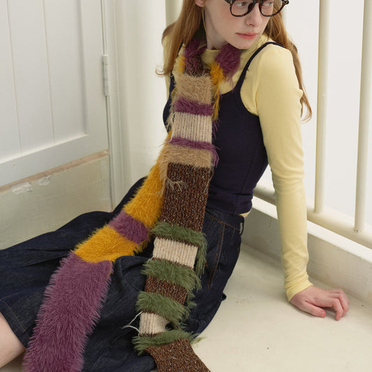 Show multi-material color matching shape decorative striped knitted fringed scarf men's and women's autumn and winter soft wool scarf