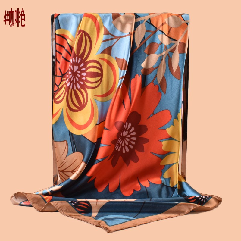 2025 new 90cm-satin cartoon large flower printing square scarf with sunscreen bag head silk scarf decorative scarf