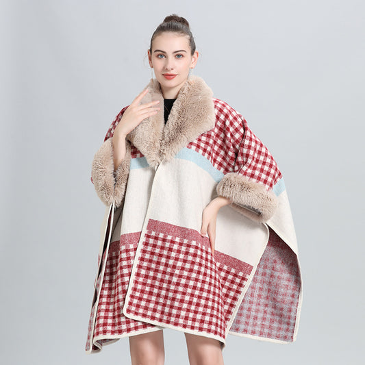 Autumn and winter new cape large size loose imitation fur collar jacquard knitted cardigan cape shawl woolen coat 0965 #