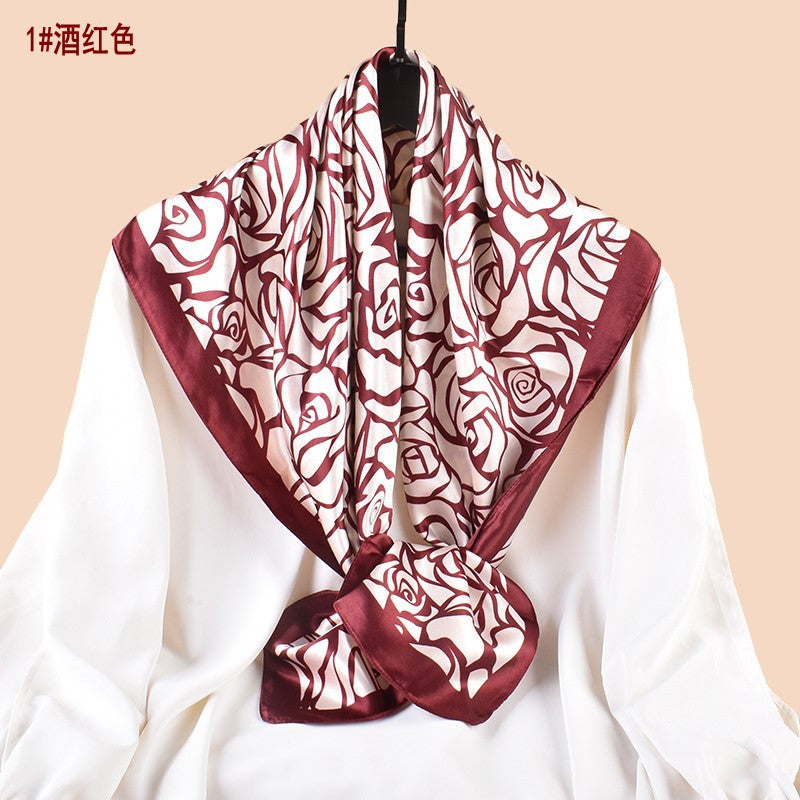 Spring and summer retro rose versatile decorative scarf silk scarf printed 90cm high-quality satin large square scarf scarf