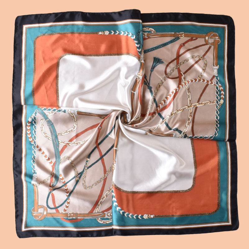 2025 new 90cm-color diced belt chain fringed printed square scarf with sunscreen, bag head silk scarf decoration, scarf