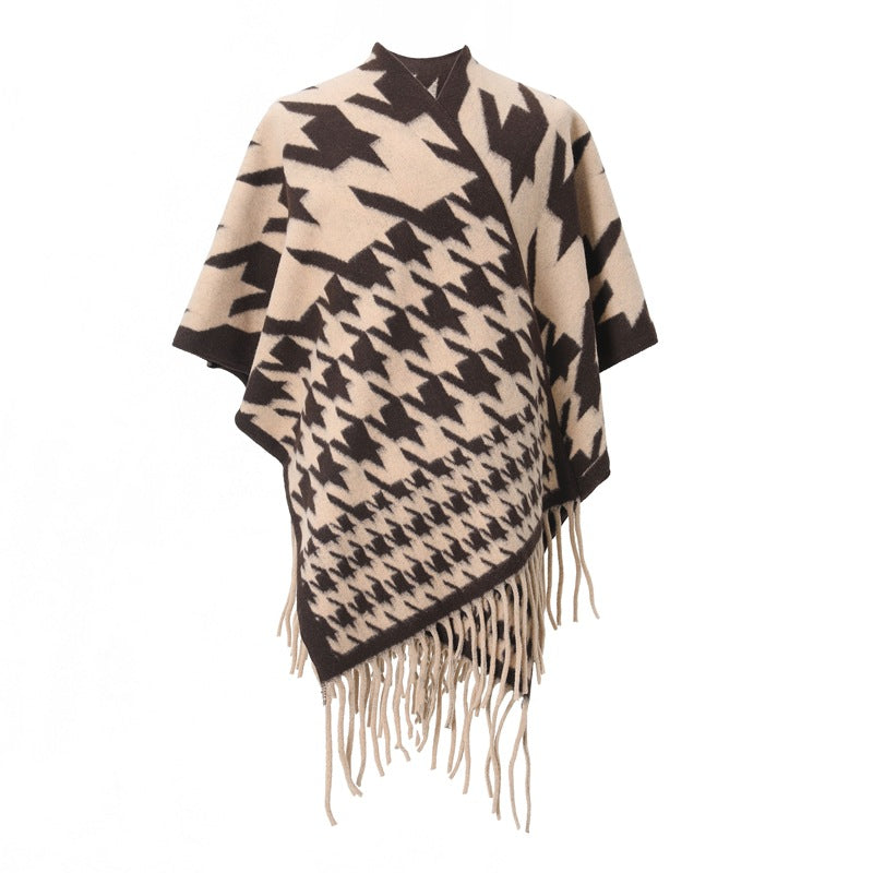 European, American spring, autumn and winter women's jacquard double-sided fringed shawl