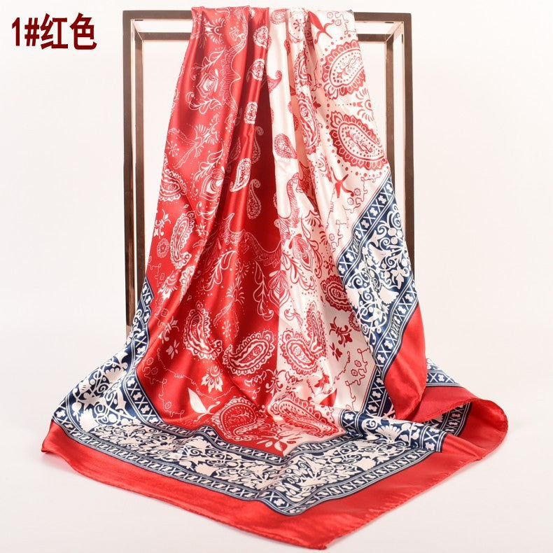 Spring and Autumn New 90cm Printed Satin Large Square Scarf Two-Color Cashew Nut Women's Fashion Scarf Silk Scarf Headscarf Shawl