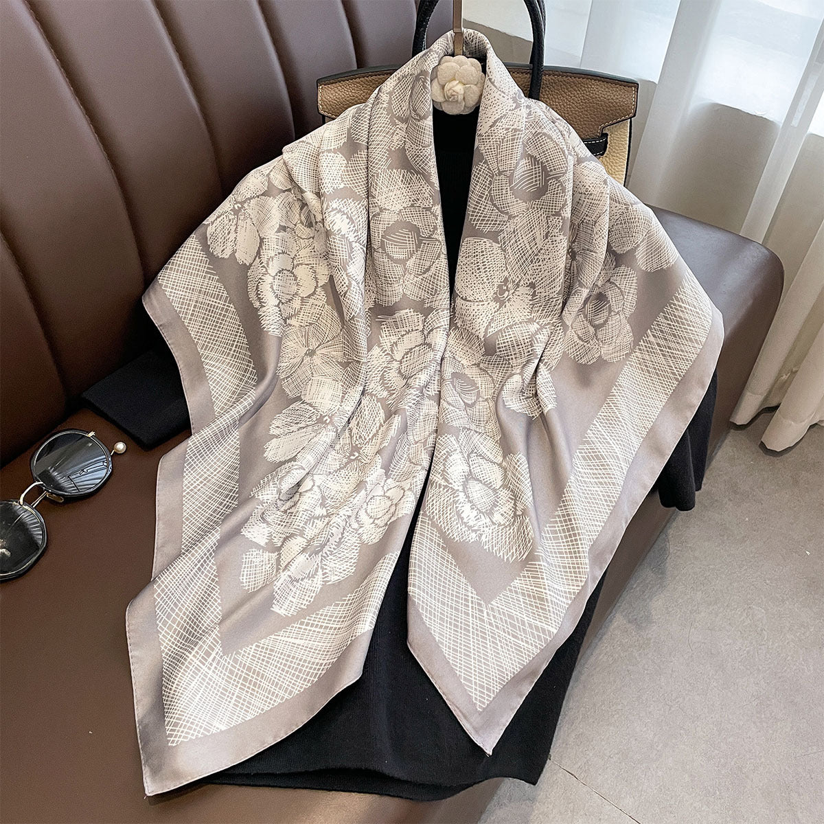 Spring and Autumn Thin Plant Flower Printing Neck Protection Scarf Women's 90 Twill Square Scarf Premium Foreign Shawl