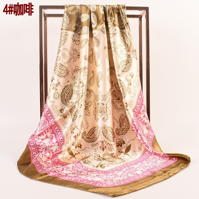 Spring and Autumn New 90cm Printed Satin Large Square Scarf Two-Color Cashew Nut Women's Fashion Scarf Silk Scarf Headscarf Shawl