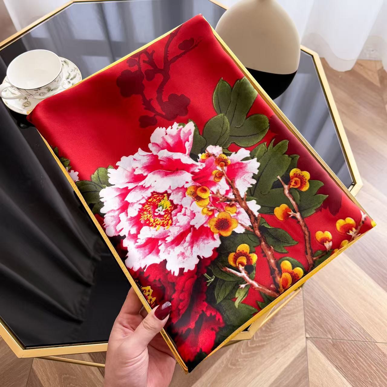 Literary and retro national style, peony flowers and flowers, long silk scarves, high-end mother's gift scarves, shawls