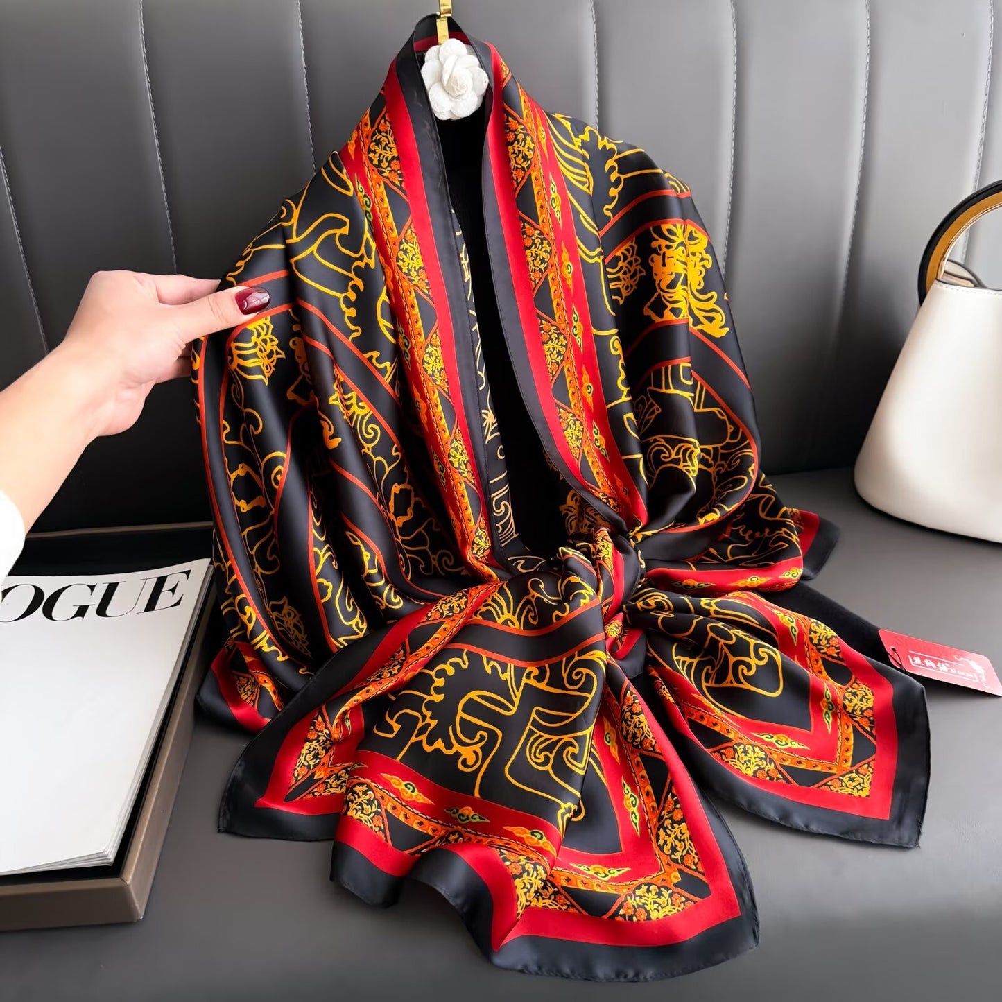 Retro ethnic style blessing character printing long silk scarf, simple and elegant temperament women's outer shawl, hand-in-hand gift silk scarf