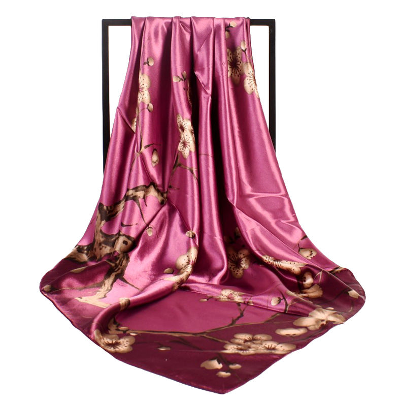 New sweet and fashionable plum blossom flower satin 90cm large square scarf women's silk scarf scarf