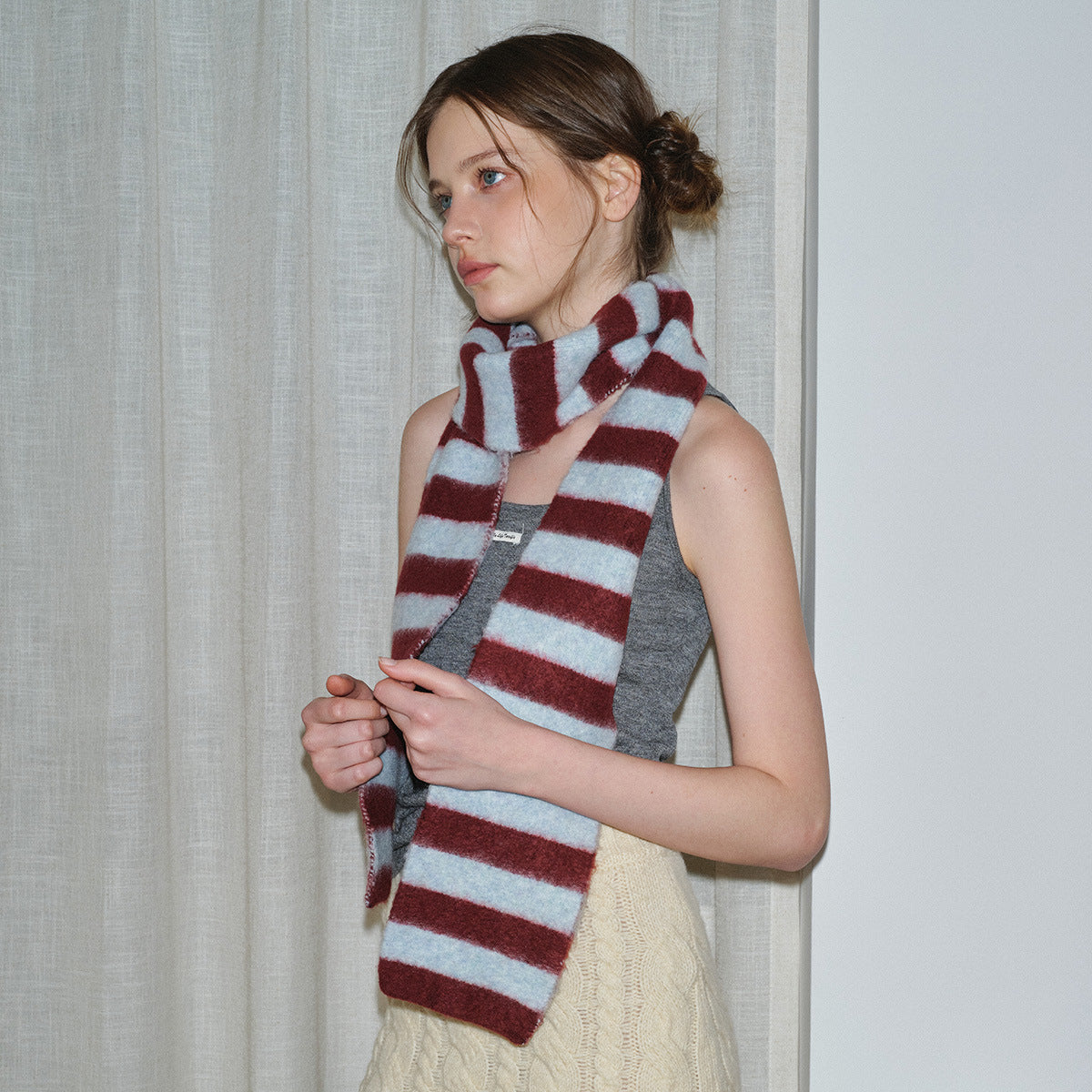 Original niche brushed wool blended striped knitted scarf women's autumn and winter soft matching contrasting wool scarf
