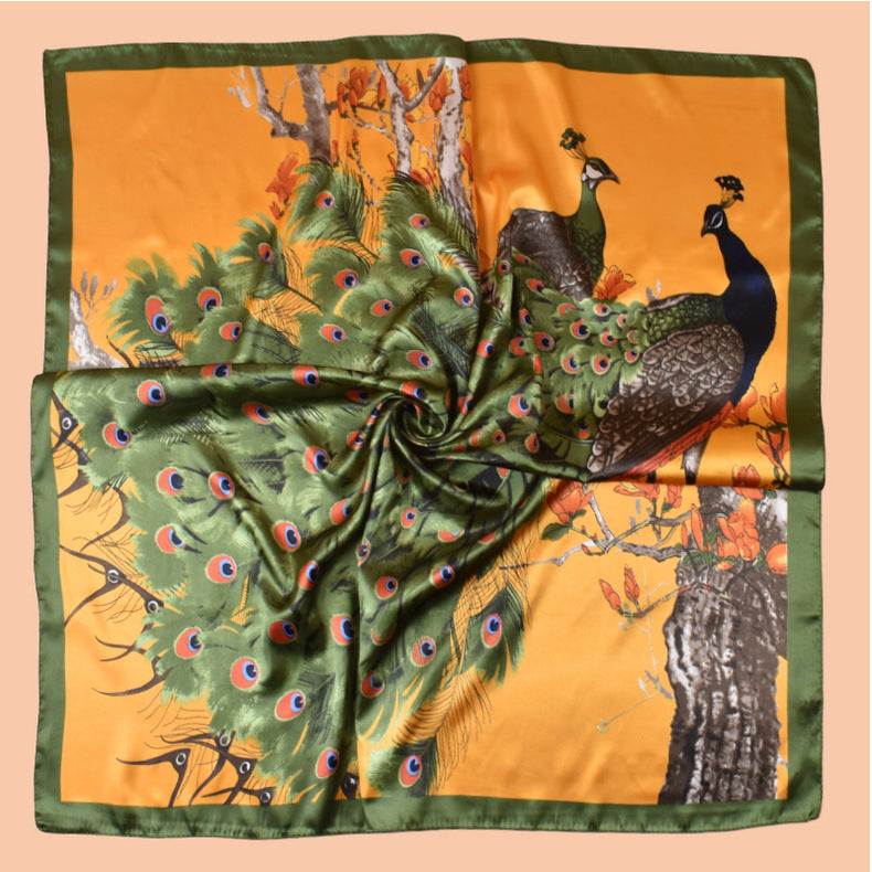 2025 new 90-color beautiful peacock versatile printed square scarf with sunscreen, bag head silk scarf decoration, scarf