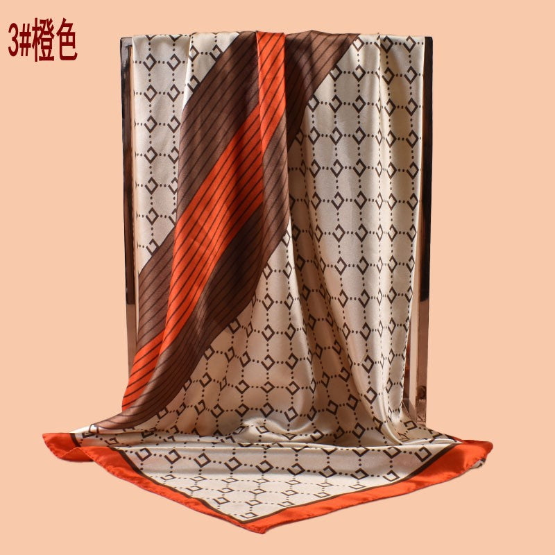 2025 new 90cm-satin geometric line plaid printing square scarf with sunscreen, bag head silk scarf decoration, scarf