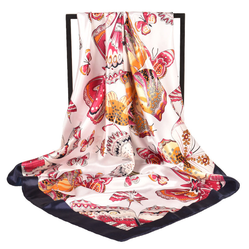 New butterfly Feifei high-quality satin large square scarf silk scarf, fashionable European and American imitation silk printing circumference
