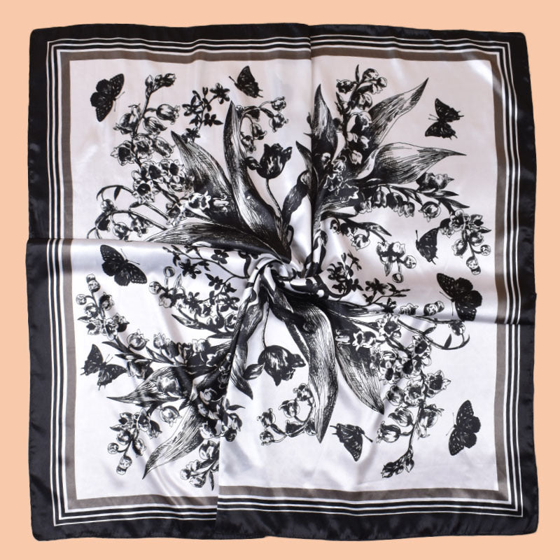2025 new 90cm-satin butterfly lily printed square scarf with sunscreen bag head silk scarf decorative scarf