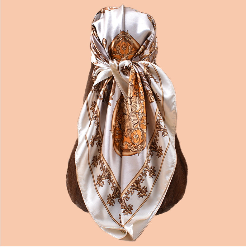 Spring and summer symmetrical vine symbol printed versatile decorative scarf headscarf silk scarf 90 high-quality satin square scarf