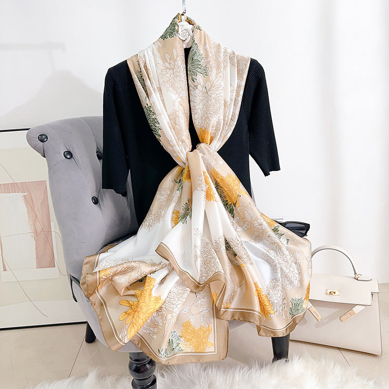 INS style Japan and Korea plant flower print scarf Mother's Day gift light luxury style retro temperament long scarf