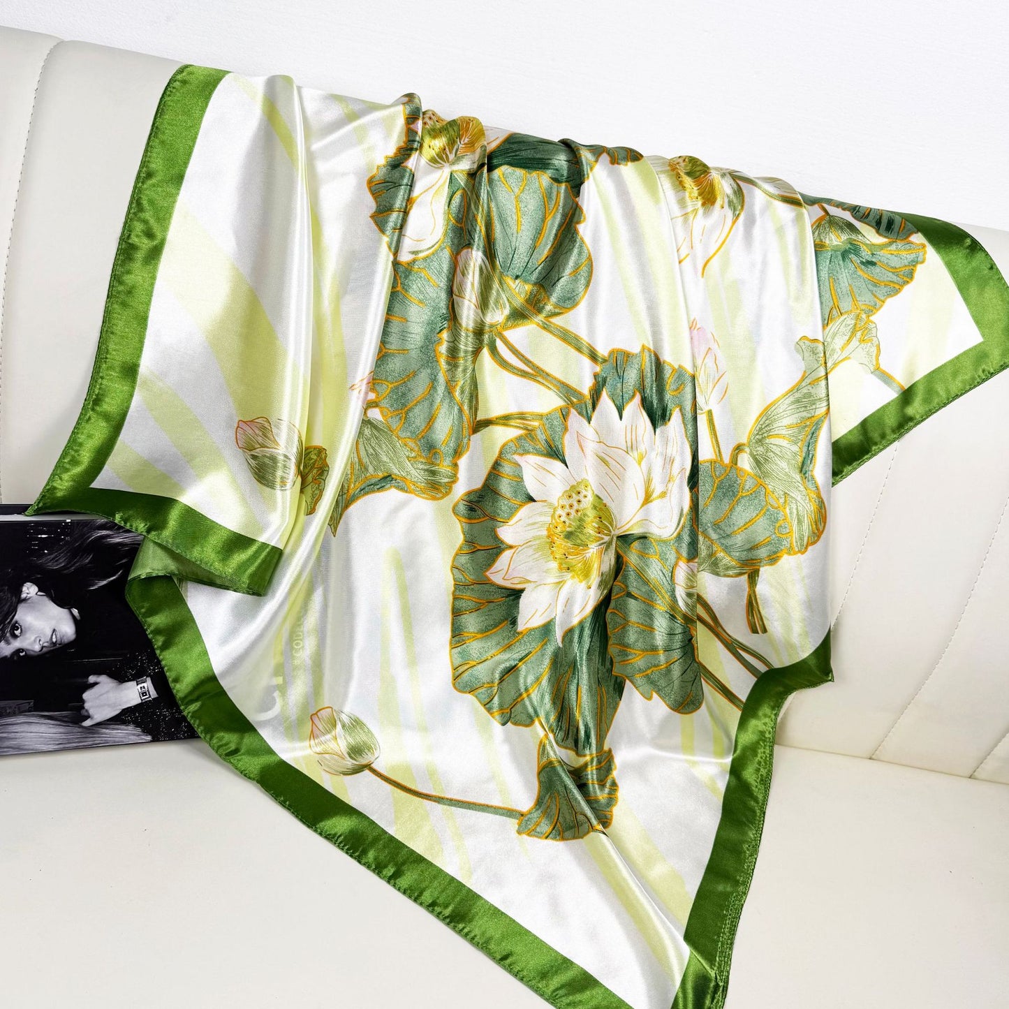 fresh plant lotus pod printed scarf 90 square scarf, simple and elegant women's decorative scarf headscarf