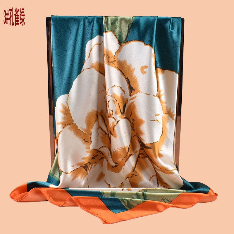 2025 new 90cm-color bud plain and elegant camellia printed square scarf with sunscreen bag head silk scarf decorative scarf