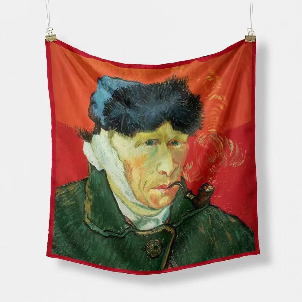 Fashion Van Gogh art oil painting 53cm small square scarf, twill silk imitation silk women's scarf, headband