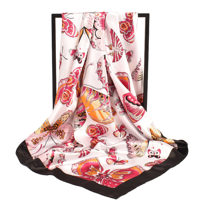 New butterfly Feifei high-quality satin large square scarf silk scarf, fashionable European and American imitation silk printing circumference